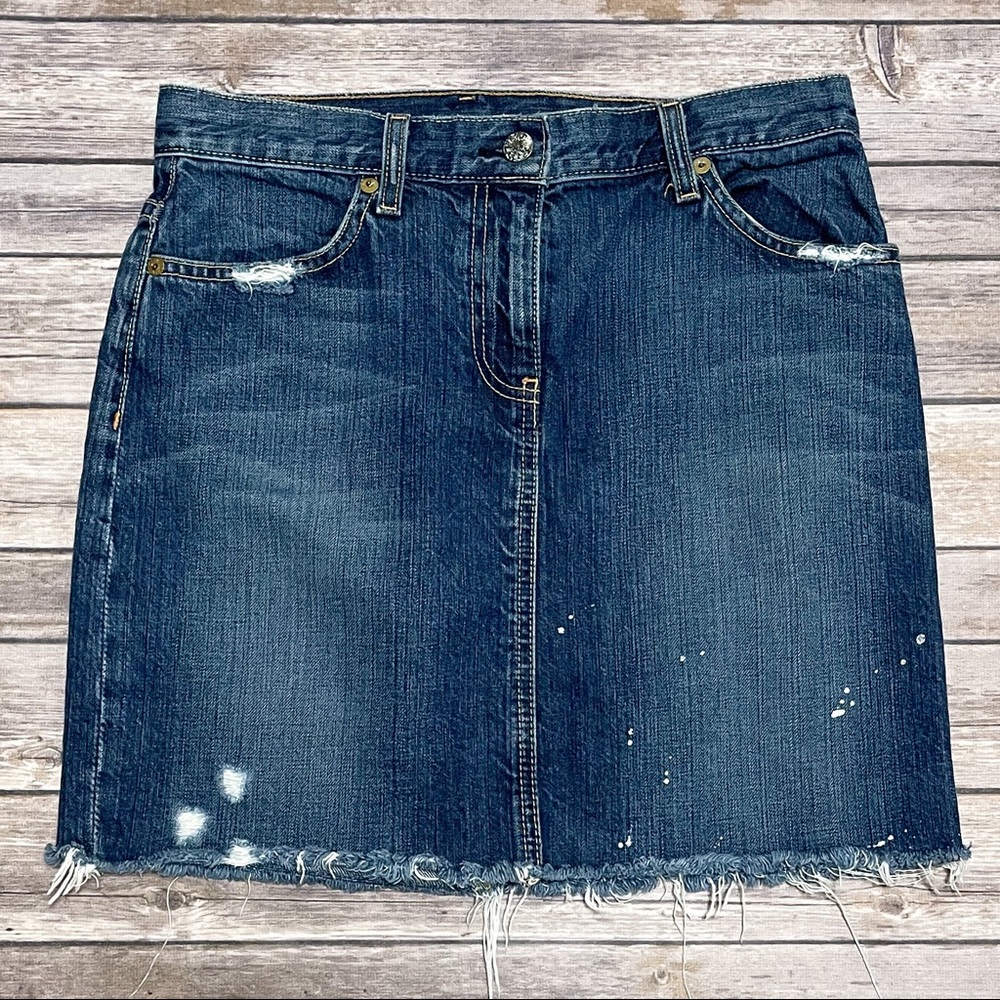 J Crew Medium Wash Distressed Cut Off Denim Jean Skirt Paint Splatter 27 Cotton